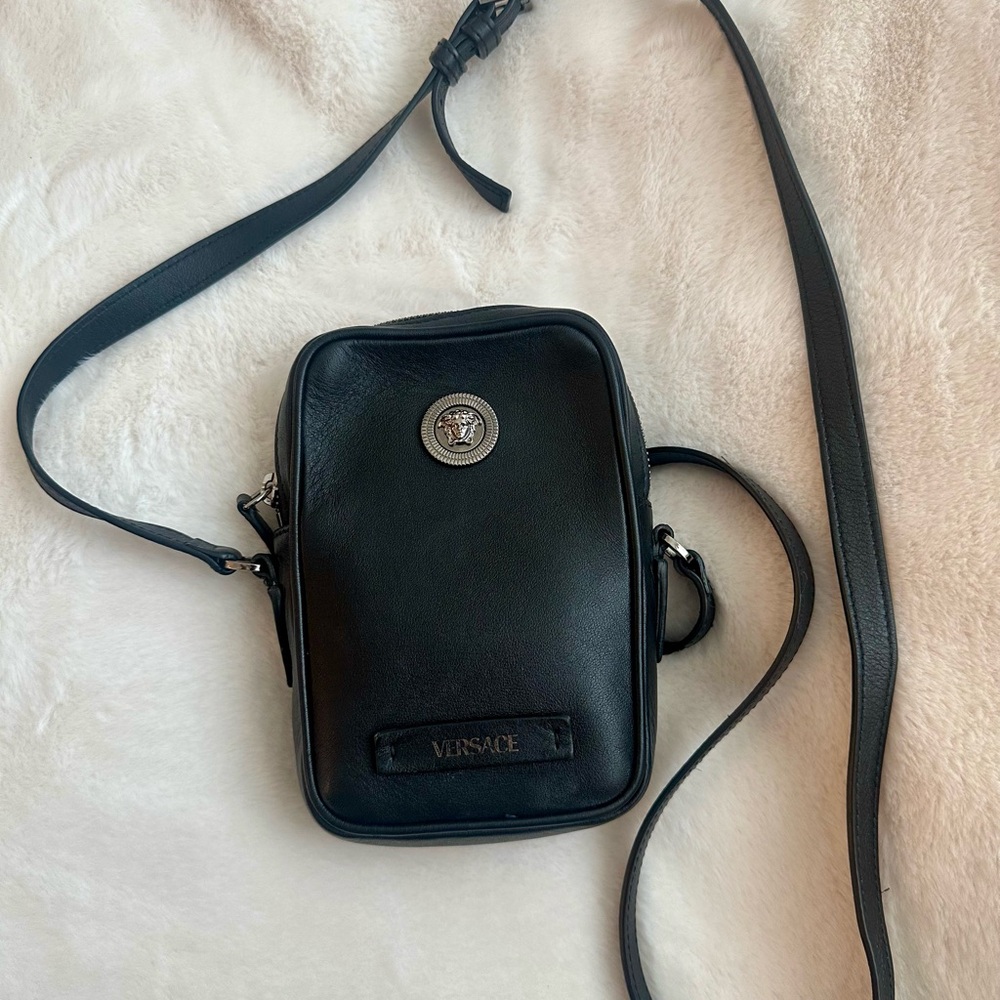 Versace Black Messenger Bag with Sleek Leather Design